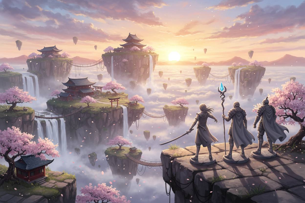 A breathtaking semi-realistic digital painting of a fantasy Japanese-inspired world at sunrise. Floating islands with temples, torii gates, cherry blossoms, and cascading waterfalls stretch into the horizon. The warm morning light glows across the misty sky. On the right side of the image, three detailed anime-style figurines stand on a stone platform, viewed from behind, as they gaze at the vast landscape. Each has distinct silhouettes — a swordsman, a mage with a staff, and a warrior in armor. Epic yet pe